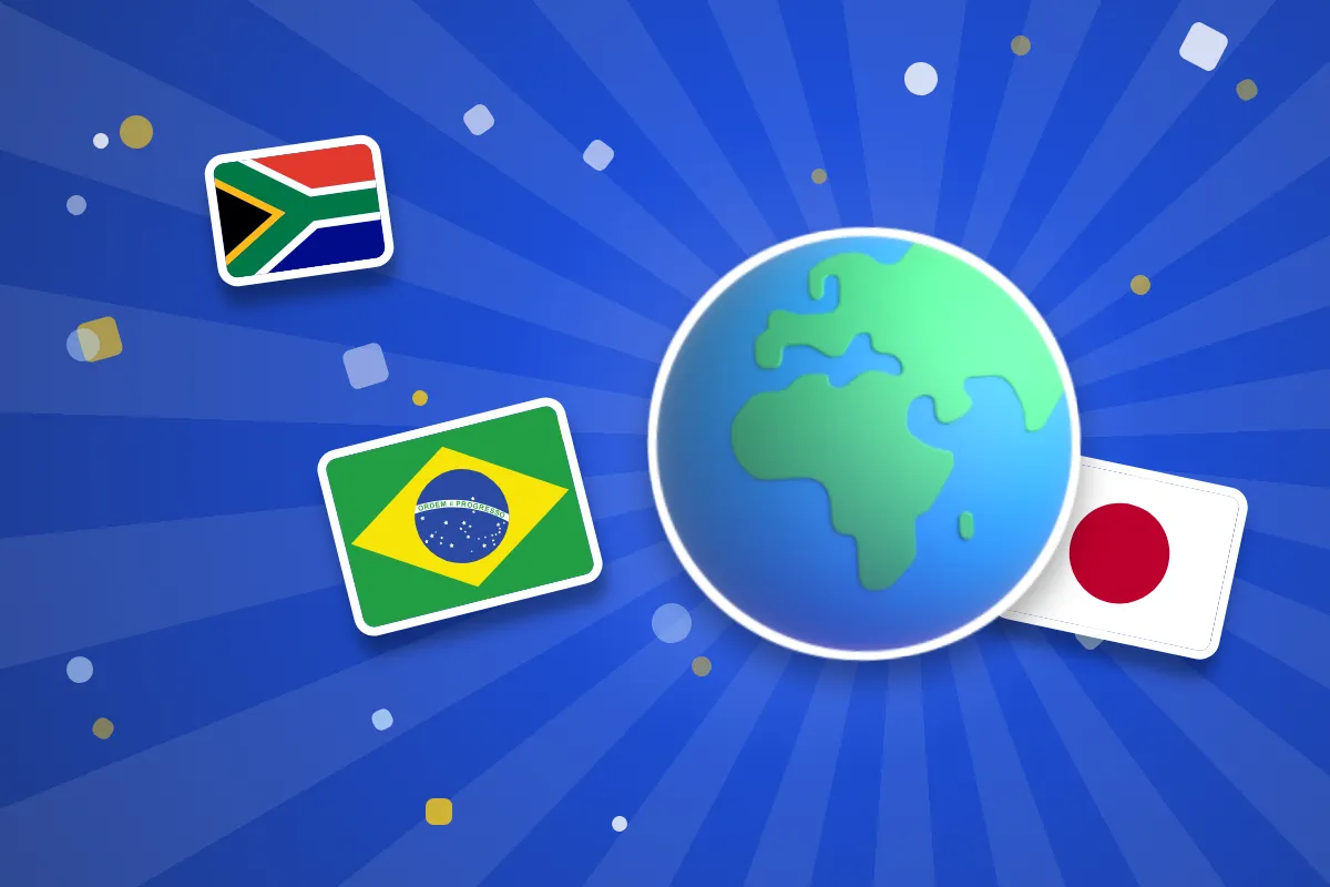 Ilustrace ke kvízu vlajek států se zeměkoulí a vlajkami Brazílie, Japonska a Jihoafrické republiky